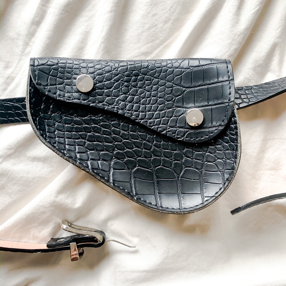 Black faux crocodile leather belt bag